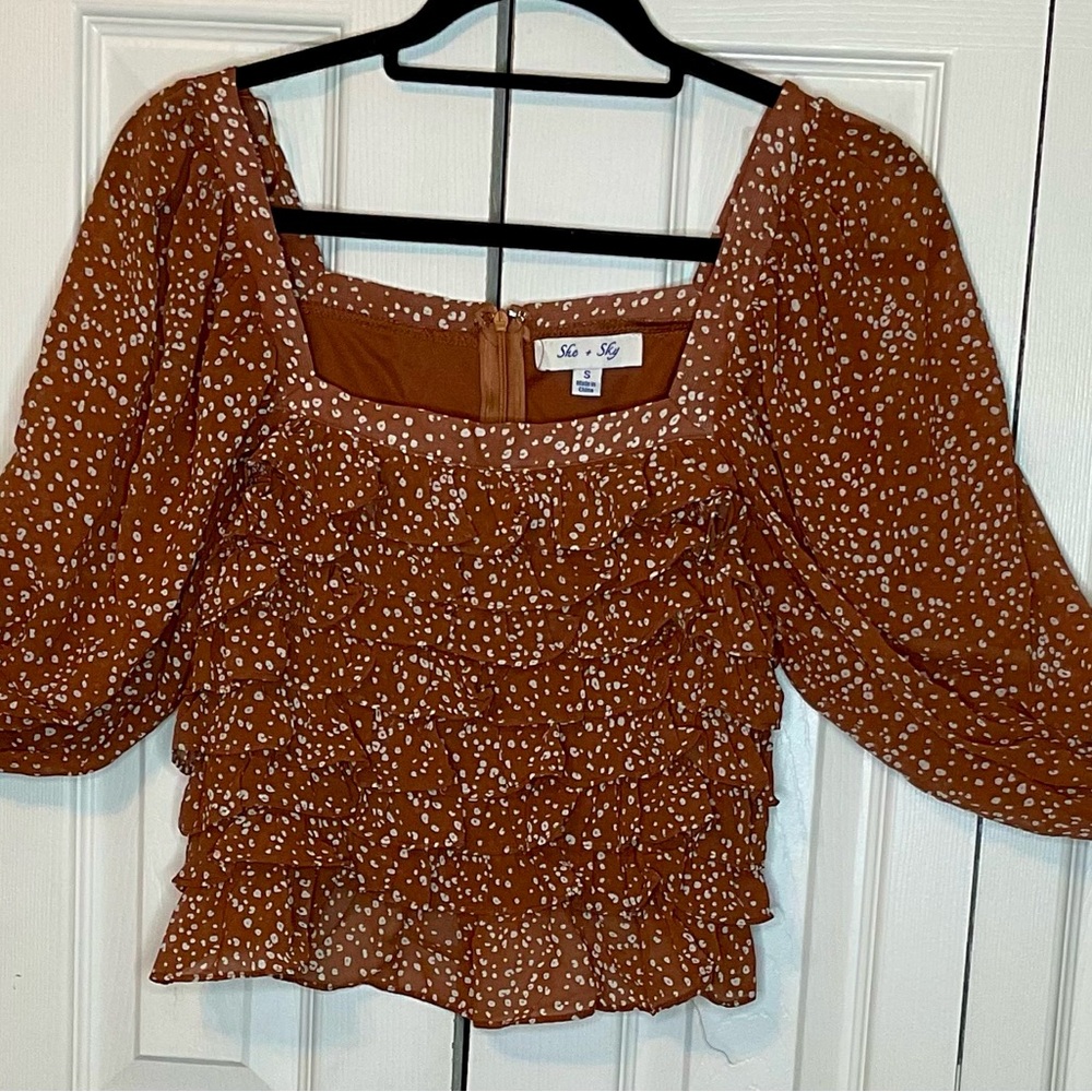 She & Sky Brown Polka Dot Ruffle Top